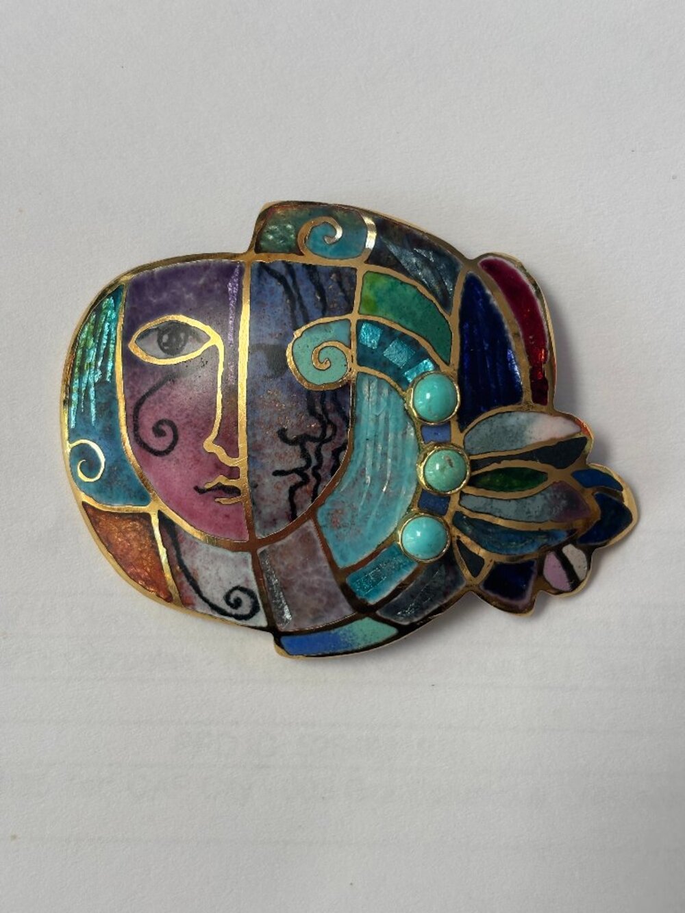 Walter Belizario Signed 1981 Champlevé Enamel Druzy Abstract Face Brooch Pin